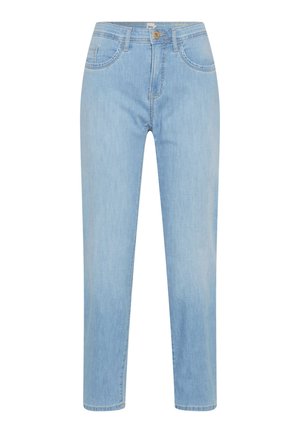 Light blue denim jeans with a straight-leg design. Features include a front button closure, belt loops, and five pockets with minimal stitching detail.