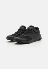 Black athletic shoes featuring a mesh upper, synthetic overlays, a padded collar, and a velcro strap for secure fit. Low profile outsole.