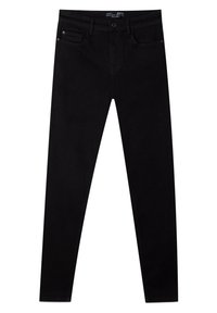 Zwarte denim jeans met een slim-fit ontwerp, vijf zakken en een frontale knoopsluiting. Soepele textuur en eenvoudige stikdetails.