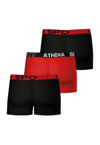 Trois paires de boxer pour hommes en noir et rouge. Les paires noires sont dotées de larges ceintures élastiques étiquetées "SPORT", tandis que les rouges possèdent une ceinture grise.