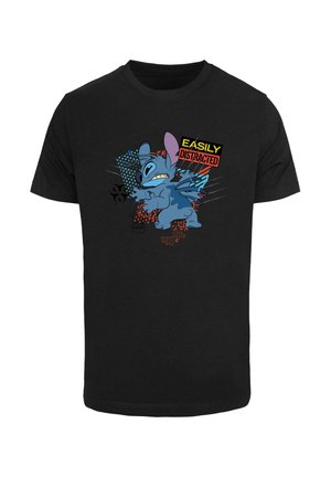 Tricou negru din bumbac cu un personaj de desene animate albastru, textul „EASILY DISTRACTED” și detalii grafice colorate. Mâneci scurte, croială standard.