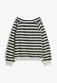 Bluza w paski w kolorze czarnym i szarym. Miękki materiał, luźny krój, dekolt opadający na ramiona oraz ściągacze u rękawów i u dołu.