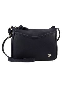 Laivastonsininen nahkainen olkalaukku, jossa on teksturoitu pinta, vetoketjusuljin ja säädettävä hihna. Edessä pieni logo.