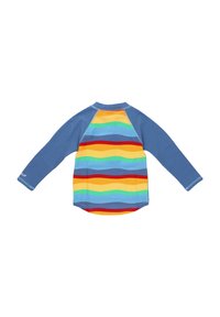 Ranta-alueen pitkähihainen uimapaita, jossa on vaakasuoria raitoja sinisessä, oranssissa, keltaisessa, vihreässä ja punaisessa, pyöreä kaula-aukko ja pehmeä kangas.