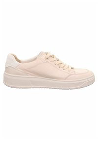 Sneaker in pelle rosa chiaro con superficie testurizzata, punta rotonda e disegno con lacci. Presenta un accento bianco sul tallone e una suola bianca spessa.