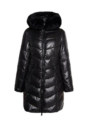 Geacă puffer neagră cu glugă din blană sintetică, având închidere cu fermoar, design capitonat în formă de V și buzunare laterale. Finisaj neted și lucios.