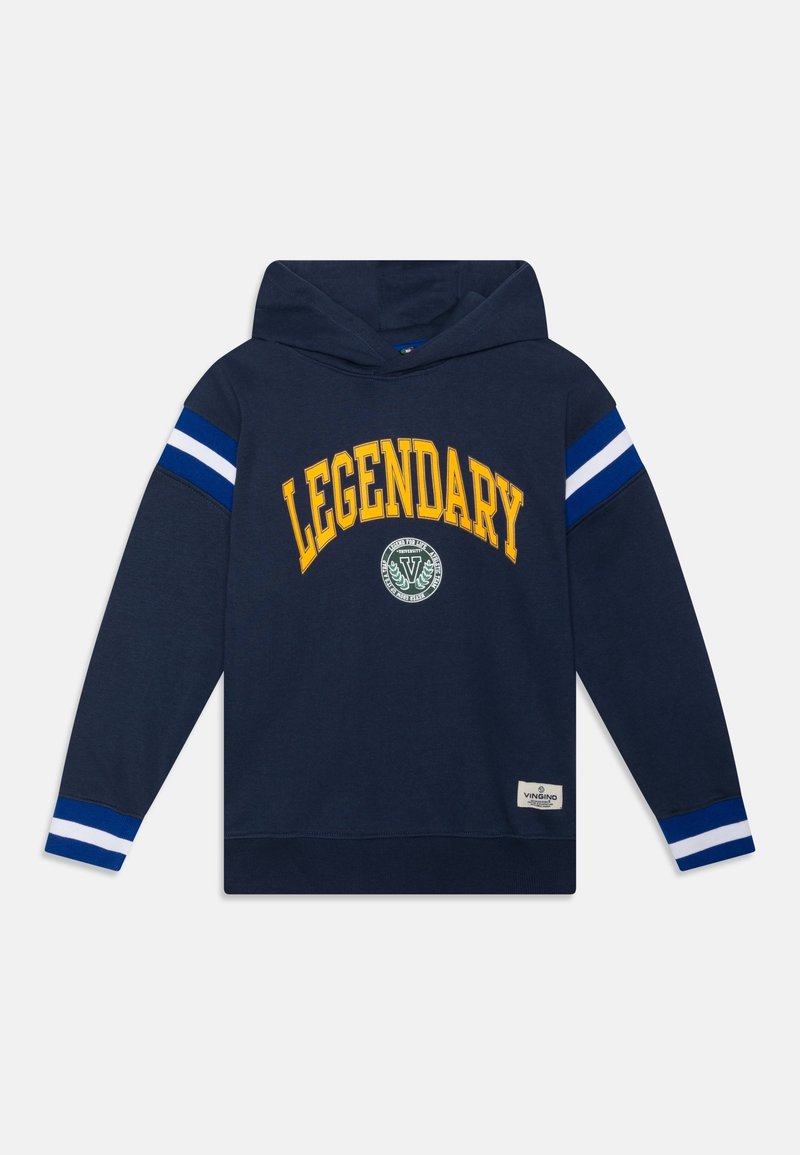 Sweat à capuche bleu marine avec manches rayées blanches et bleues, imprimé "LEGENDARY" en jaune, et détail de logo circulaire sur la poitrine.