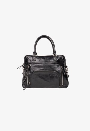 Sac à main en cuir noir avec deux poignées, finition texturée, poche zippée à l'avant et accents en métal argenté. Dispose d'un compartiment principal spacieux.