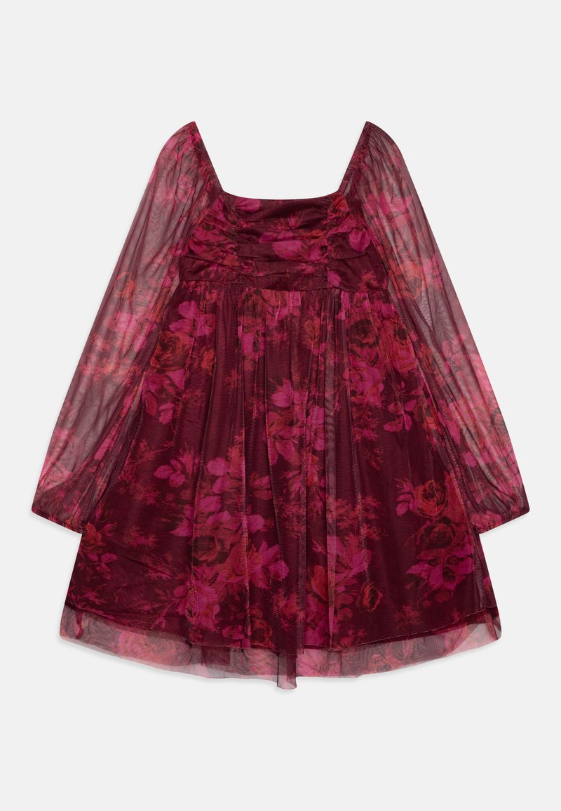 Kratke rokave v burgundski barvi z cvetličnim vzorcem, prosojne dolge rokave, kvadratni vratni izrez in nabrano oprsje, s tekočo krilom.