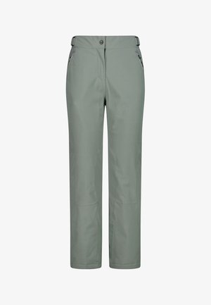 Helle graue Hosen aus wasserabweisendem Stoff, mit flachem Frontdesign und Knopfverschluss sowie seitlichen Taschen mit kontrastierenden Reißverschlüssen.