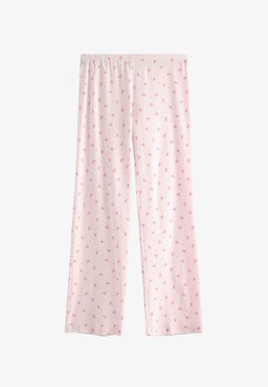 Vaaleanpunaiset yöpaidat, joissa on joustava vyötärö. Niissä on pieniä vaaleanpunaisia kukkia ja ohuita vaaleita pystysuoria raitoja.