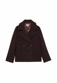 Burgundská vlněná bunda peacoat s dvojitým zapínáním, velkými černými knoflíky, širokým límcem a dvěma předními kapsami; podšívka z saténu.
