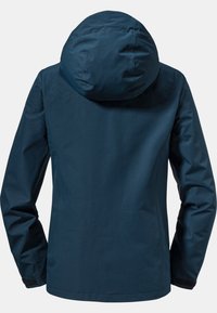 Veste légère bleu marine à capuche avec manches longues vue de dos sur un fond uni.