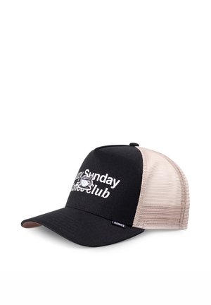 Black and beige mesh trucker cap with curved brim, featuring white "Sunday Coffee Club" text and coffee cup graphic on front panel.