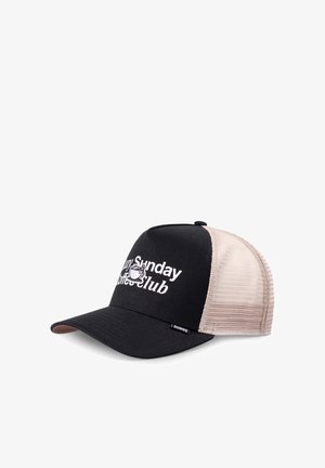 Black and beige mesh trucker cap with curved brim, featuring white "Sunday Coffee Club" text and coffee cup graphic on front panel.