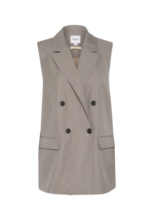 Sleeveless grey vest made of smooth fabric, featuring a double-breasted design with black buttons and side pockets. Tailored fit.