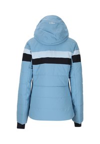 Blå pufferjakke med hætte, der har vandrette striber i lyseblå, hvid og sort. Glat tekstur og tætsiddende ærmer med elastiske manchetter.