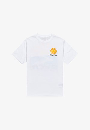 White cotton t-shirt featuring a yellow sun graphic and "RVCA" in gray on the chest. Short sleeves and a crew neckline.