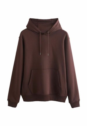 Sweat à capuche brun en tissu doux. Doté d'une poche avant, d'un capuchon avec cordon de serrage et de poignets côtelés. Coupe décontractée sans motifs.
