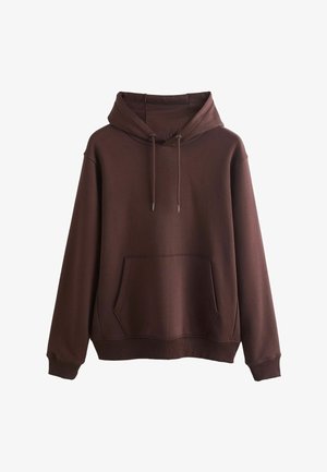 Brązowa bluza z kapturem wykonana z miękkiego materiału. Posiada przednią kieszeń, kaptur ze sznurkiem i ściągacze na rękawach. Luźny krój bez wzorów.