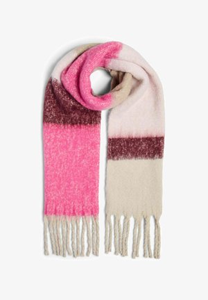 Bufanda de lana con rayas en rosa, burdeos y beige, con flecos en los extremos. Textura suave y diseño cálido.