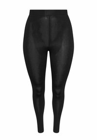 Leggings negros con una textura lisa y elástica, cintura alta y diseño ajustado, sin costuras ni patrones visibles.