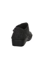 Gray felt slip-on shoe with a black rubber sole, rounded back, smooth texture, and simple design. Ideal for casual wear.
