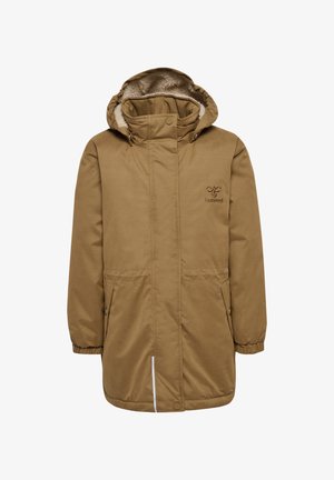 Brown parka jacket with a fleece-lined hood, zip-up front, two side pockets, and subtle logo on the chest. Features elastic cuffs.