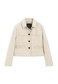 Beige mockakläder kort jacka med spetsig krage, framsluten knäppning och två sidofickor. Har svarta knappar och sömdetaljer.