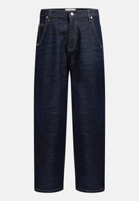 Jeans din denim închis, cu croială dreaptă, dotate cu cinci buzunare, cu nituri de cupru și cusături contrastante de-a lungul cusăturilor.