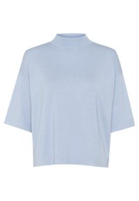 Ljusblå kortärmad topp med hög krage, som har en mjuk, texturerad stickning och en avslappnad passform som slutar vid midjan.