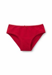 Rote Baumwollunterhose mit glatter Textur, versehen mit einer dekorativen Schleife in der Mitte vorn und Picot-Borte entlang des Taillenbundes.