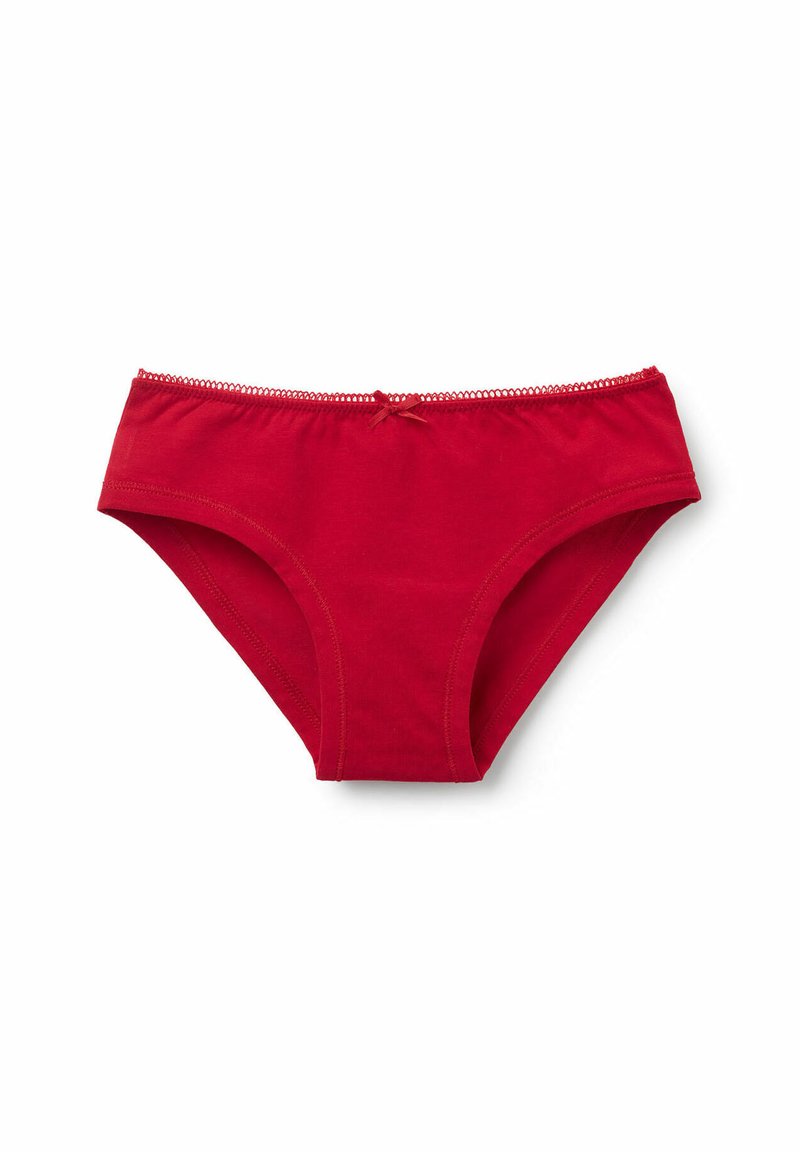 Rote Baumwollunterhose mit glatter Textur, versehen mit einer dekorativen Schleife in der Mitte vorn und Picot-Borte entlang des Taillenbundes.
