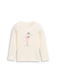 Crème lange mouwen shirt met een graphic van een meisje in een roze jurk. Gemaakt van zachte katoenen stof en voorzien van de tekst: "Bloemen voor al mijn vrienden."