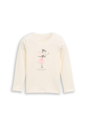 Crème lange mouwen shirt met een graphic van een meisje in een roze jurk. Gemaakt van zachte katoenen stof en voorzien van de tekst: "Bloemen voor al mijn vrienden."