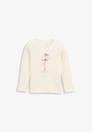 Langarm-Cremeshirt mit einem Grafikdruck eines Mädchens in einem rosa Kleid. Es besteht aus weichem Baumwollmaterial und hat den aufgedruckten Text: "Blumen für all meine Freunde."