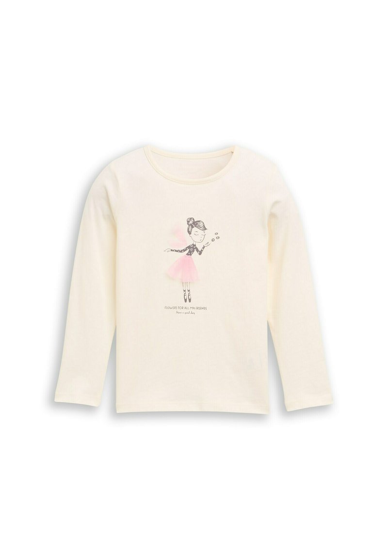 Crème lange mouwen shirt met een graphic van een meisje in een roze jurk. Gemaakt van zachte katoenen stof en voorzien van de tekst: "Bloemen voor al mijn vrienden."