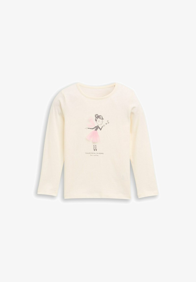 Camisa de manga larga color crema con una gráfica de una chica en un vestido rosa. Presenta un material de algodón suave y un texto impreso que dice: "Flores para todos mis amigos."