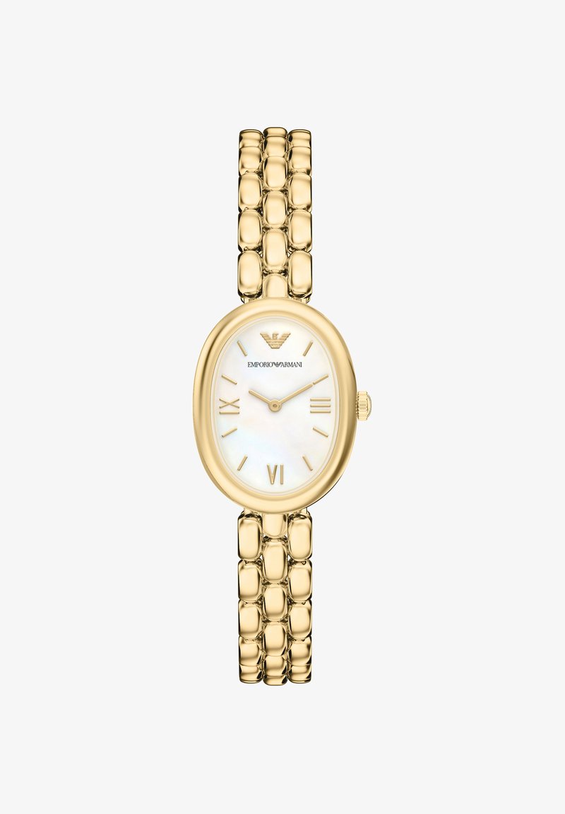 Gold-tone watch with a textured bracelet, oval mother-of-pearl dial, Roman numerals, and logo at 12 o'clock. Smooth finish and polished accents.