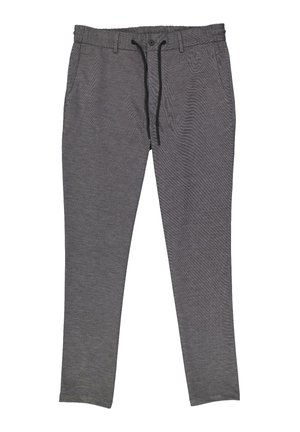 Grau gemusterte Hose mit elastischem Bund, Kordelzug und Fronttaschen; schmaler Schnitt, glatte Textur und modernes Design.