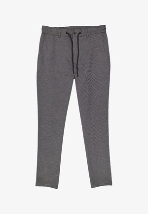 Grau gemusterte Hose mit elastischem Bund, Kordelzug und Fronttaschen; schmaler Schnitt, glatte Textur und modernes Design.