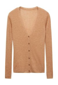 Bežový žebrovaný svetr s výstřihem do V, dlouhými rukávy a šesti hnědými knoflíky vpředu. Měkký, lehký pletený materiál.