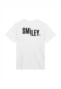 Weißes Baumwoll-T-Shirt mit auffälligem schwarzen "SMiLEY"-Text auf der Rückseite. Klassischer Rundhalsausschnitt und kurze Ärmel mit lockerer Passform.