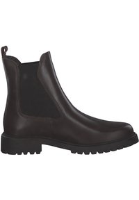 Bruine leren Chelsea boot met elastische zijpanelen, ronde neus, textuur rubberen zool en versterkte hak. Ontbreekt aan opvallende patronen of accenten.