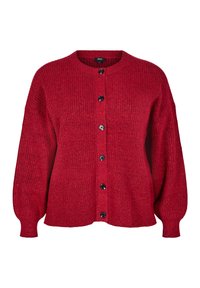 Červený pletený kardigan s kulatým výstřihem, s černými knoflíky vpředu a nabíranými rukávy, který vytváří útulný vzhled.