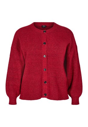 Red knitted cardigan with a round neckline, featuring black buttons down the front and puffed sleeves, creating a cozy look.