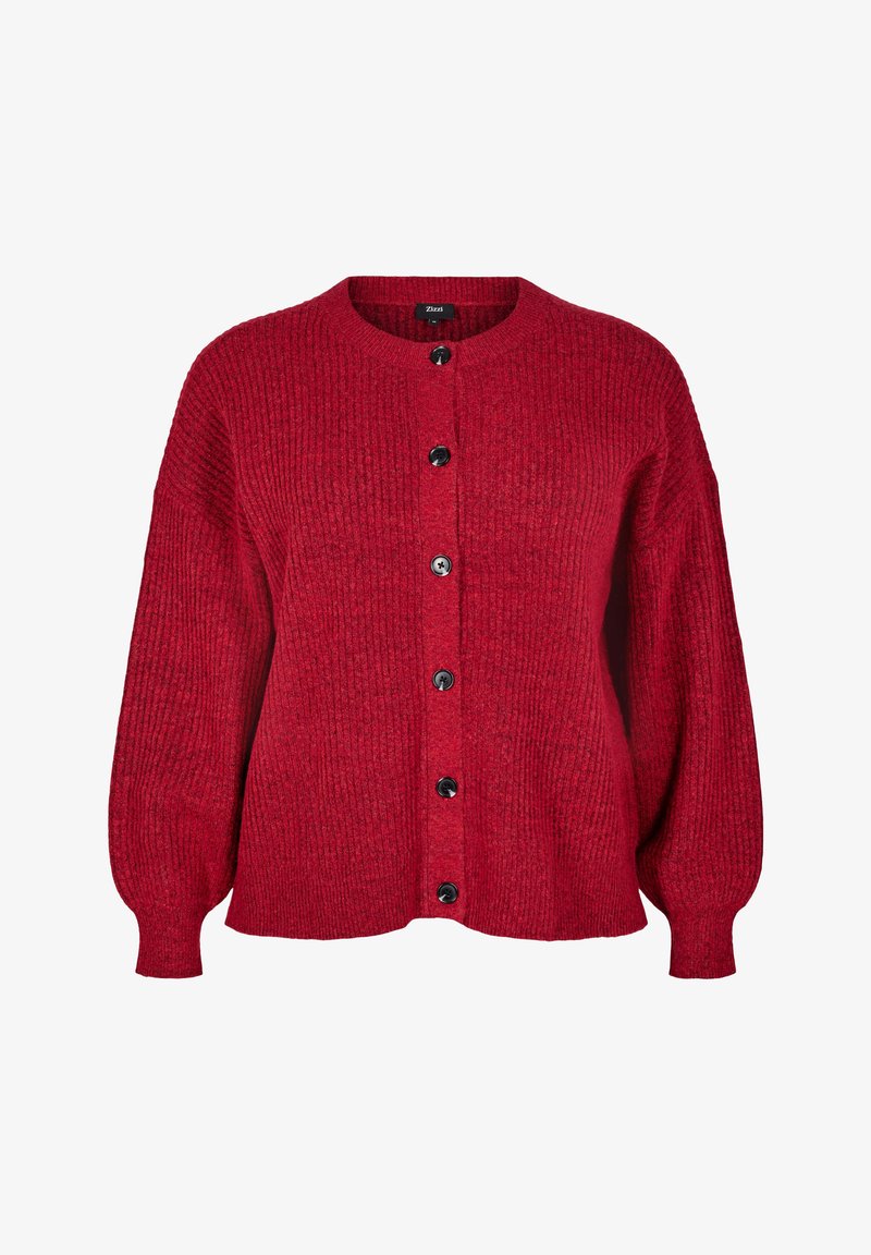 Czerwony dziergany kardigan z okrągłym dekoltem, z czarnymi guzikami z przodu i bufiastymi rękawami, tworzący przytulny wygląd.