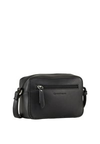 Borsa a tracolla sintetica nera con tasca frontale con zip, tracolla regolabile e dettaglio con logo. Texture liscia con bordi arrotondati.