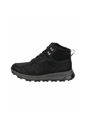 Bottes mi-hautes noires en cuir texturé, avec un col en fourrure, des œillets métalliques et une semelle en caoutchouc durable avec des crampons de traction.