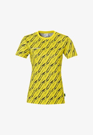 Gul kortærmet sportstrøje med et skarpt sort diagonalt stribemønster. Lavet af letvægtsstof med en rund halsudskæring.